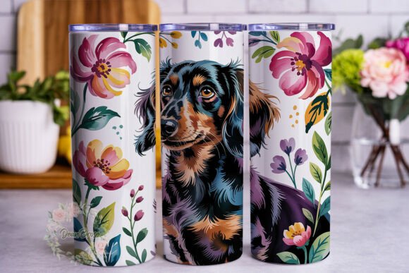 Dachshund Floral Watercolor Tumbler Wrap Design